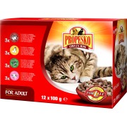 Корм в пакетиках для кошек Propesko (12 х 100 г): 3 шт. с курицей, 3 шт. с бараниной, 3 шт. с олениной, 3 шт. с говядиной
