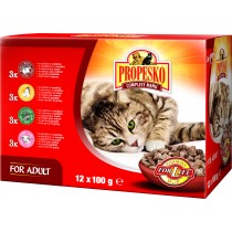 Корм в пакетиках для кошек Propesko (12 х 100 г): 3 шт. с курицей, 3 шт. с бараниной, 3 шт. с олениной, 3 шт. с говядиной