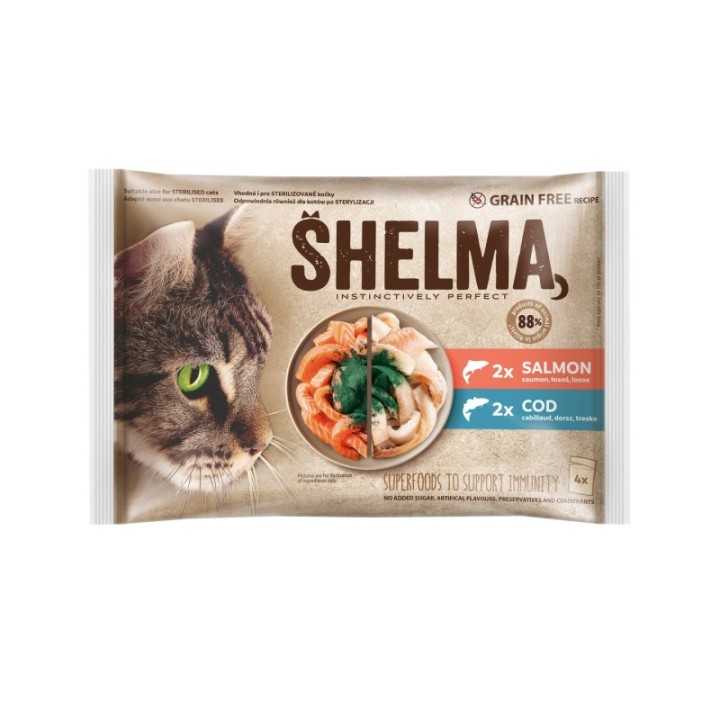 Shelma cat food fish 4x85g salmon fillets, cod fillets in spirulina sauce