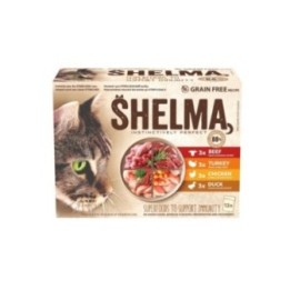 Shelma cat food with meat 12x85g beef, chicken, duck, turkey in sauce