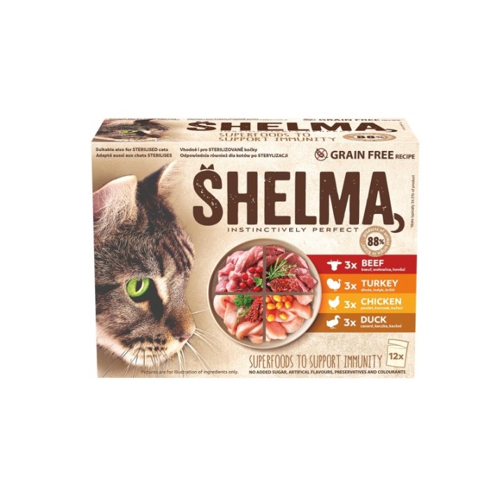 Shelma multipack 12x85g beef,chicken,duck,turkey in gravy