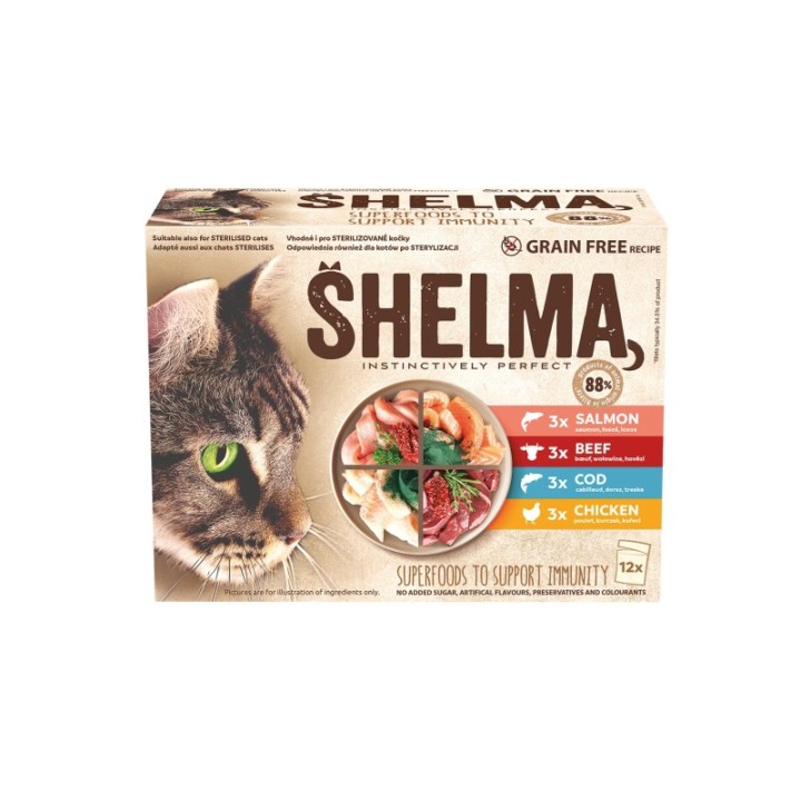 Shelma multipack12x85g salmon,cod,beef,chicken in gravy