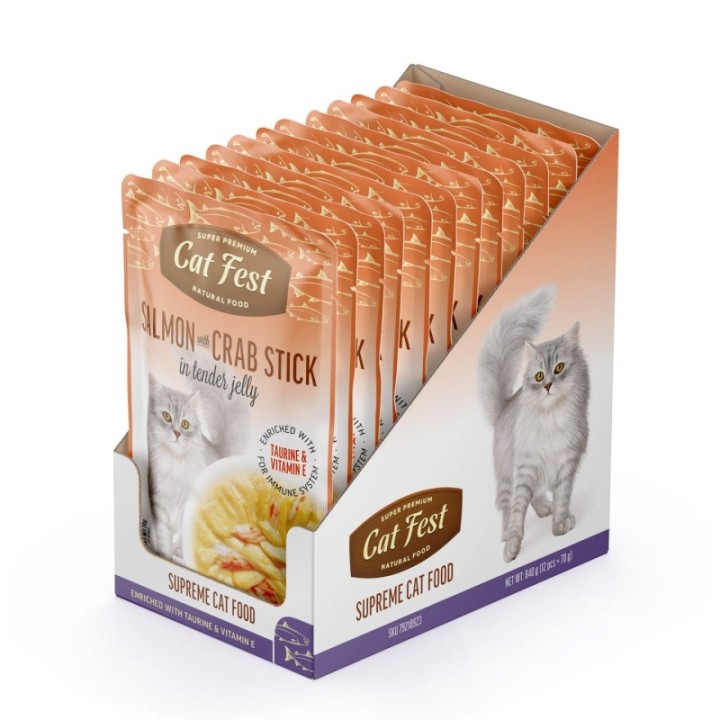 Salmon with crab sticks in jelly, wet cat food pouches 12x70g