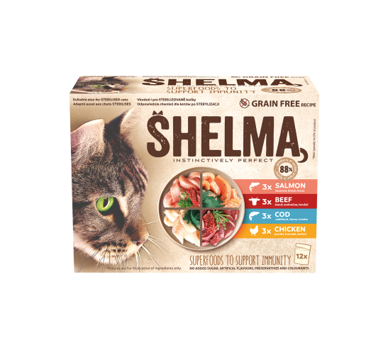 Shelma multipack12x85g salmon,cod,beef,chicken in gravy 